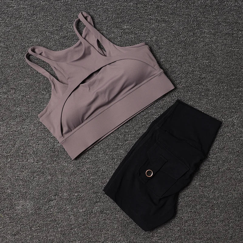 Women's Fitness Shorts Yoga Sets - High Waist Sportswear Bra Workout-Gym Shorts With Pocket