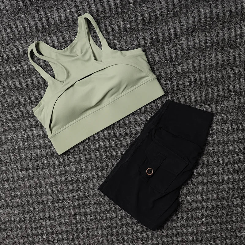 Women's Fitness Shorts Yoga Sets - High Waist Sportswear Bra Workout-Gym Shorts With Pocket