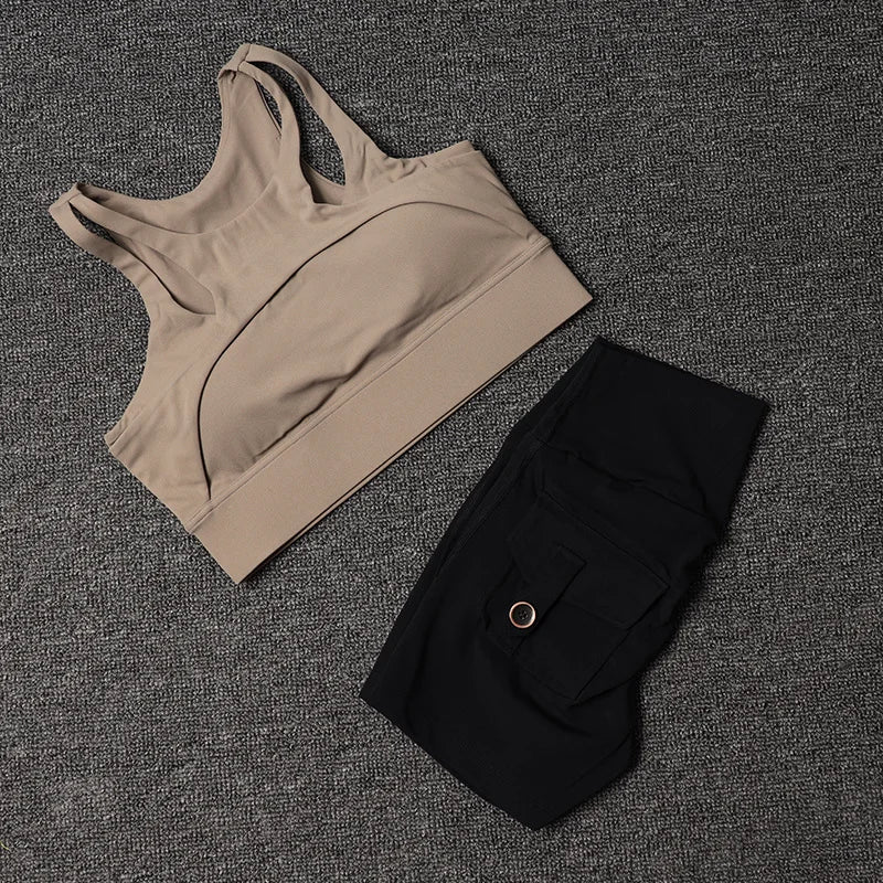 Women's Fitness Shorts Yoga Sets - High Waist Sportswear Bra Workout-Gym Shorts With Pocket