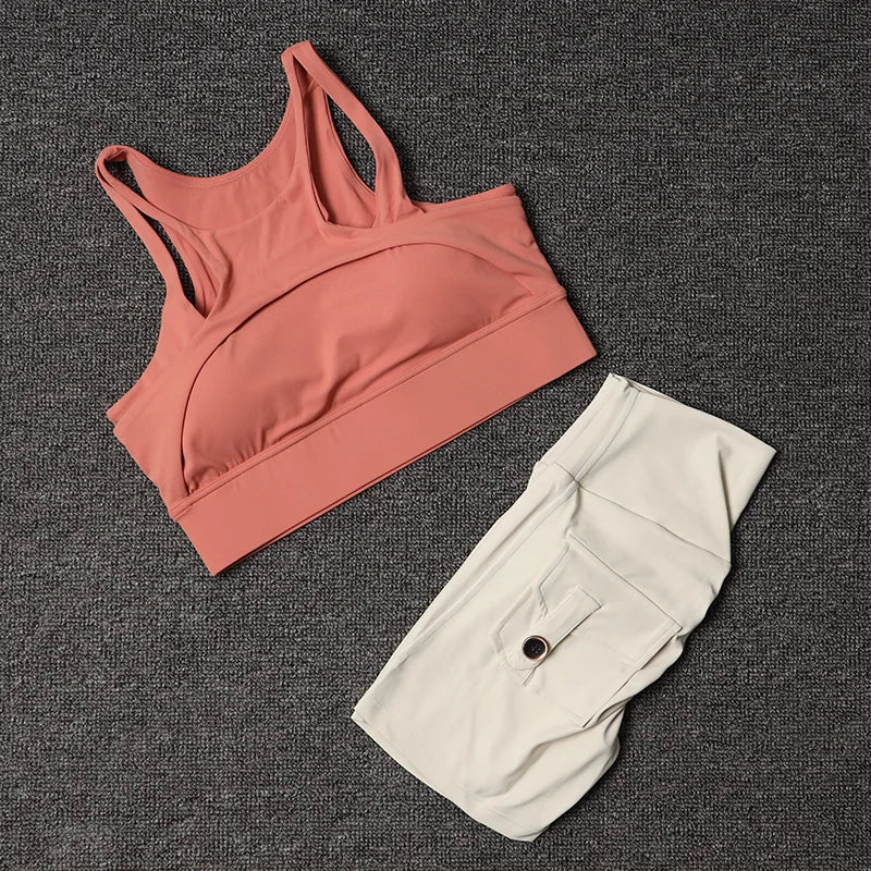 Women's Fitness Shorts Yoga Sets - High Waist Sportswear Bra Workout-Gym Shorts With Pocket