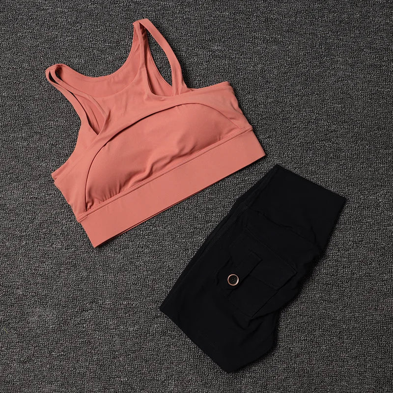 Women's Fitness Shorts Yoga Sets - High Waist Sportswear Bra Workout-Gym Shorts With Pocket
