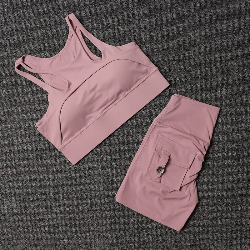 Women's Fitness Shorts Yoga Sets - High Waist Sportswear Bra Workout-Gym Shorts With Pocket