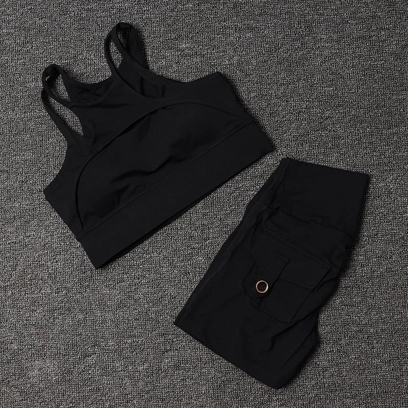 Women's Fitness Shorts Yoga Sets - High Waist Sportswear Bra Workout-Gym Shorts With Pocket