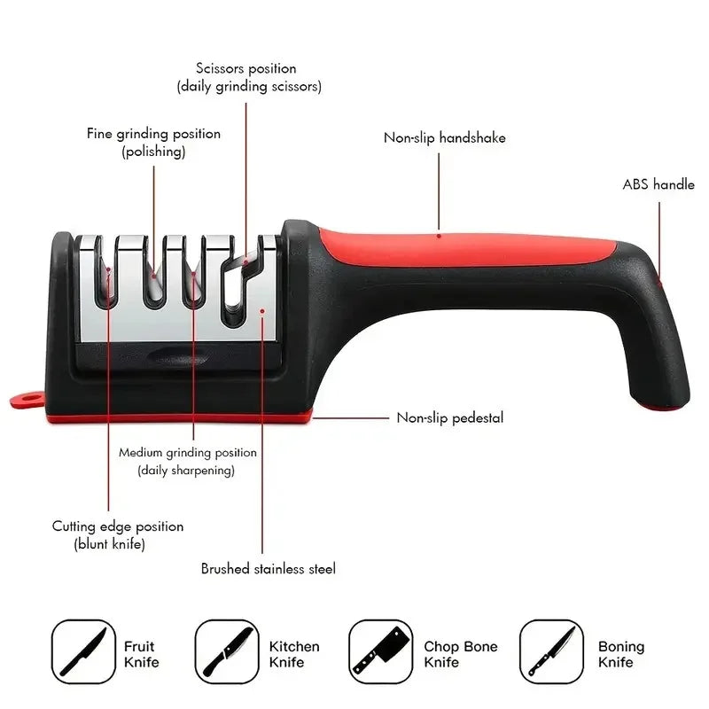 4-Stage Kitchen Knife Sharpener - Diamond & Ceramic Rods, Tungsten Steel Blades