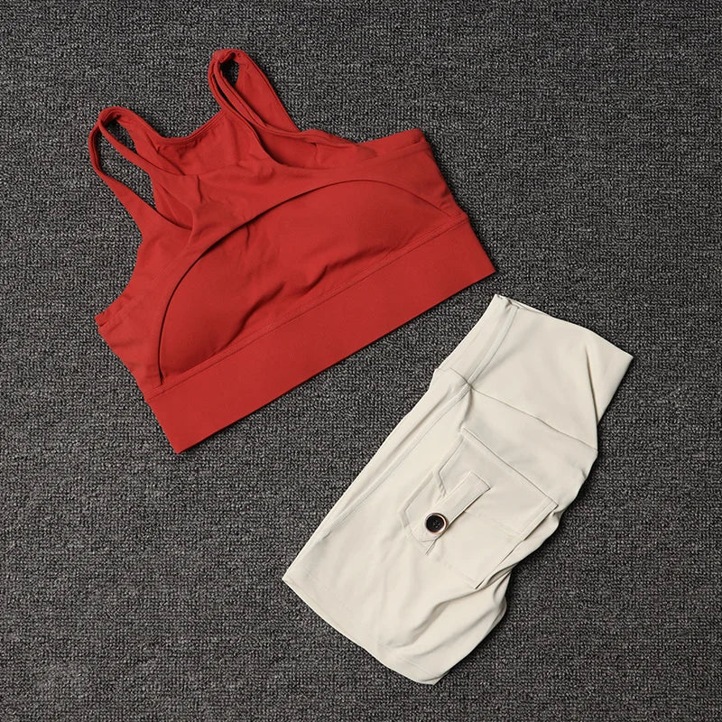 Women's Fitness Shorts Yoga Sets - High Waist Sportswear Bra Workout-Gym Shorts With Pocket