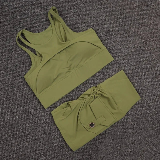Women's Fitness Shorts Yoga Sets - High Waist Sportswear Bra Workout-Gym Shorts With Pocket