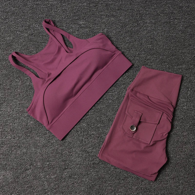 Women's Fitness Shorts Yoga Sets - High Waist Sportswear Bra Workout-Gym Shorts With Pocket