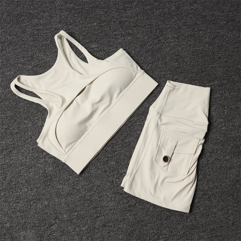 Women's Fitness Shorts Yoga Sets - High Waist Sportswear Bra Workout-Gym Shorts With Pocket