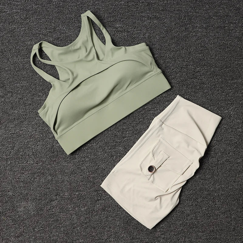 Women's Fitness Shorts Yoga Sets - High Waist Sportswear Bra Workout-Gym Shorts With Pocket