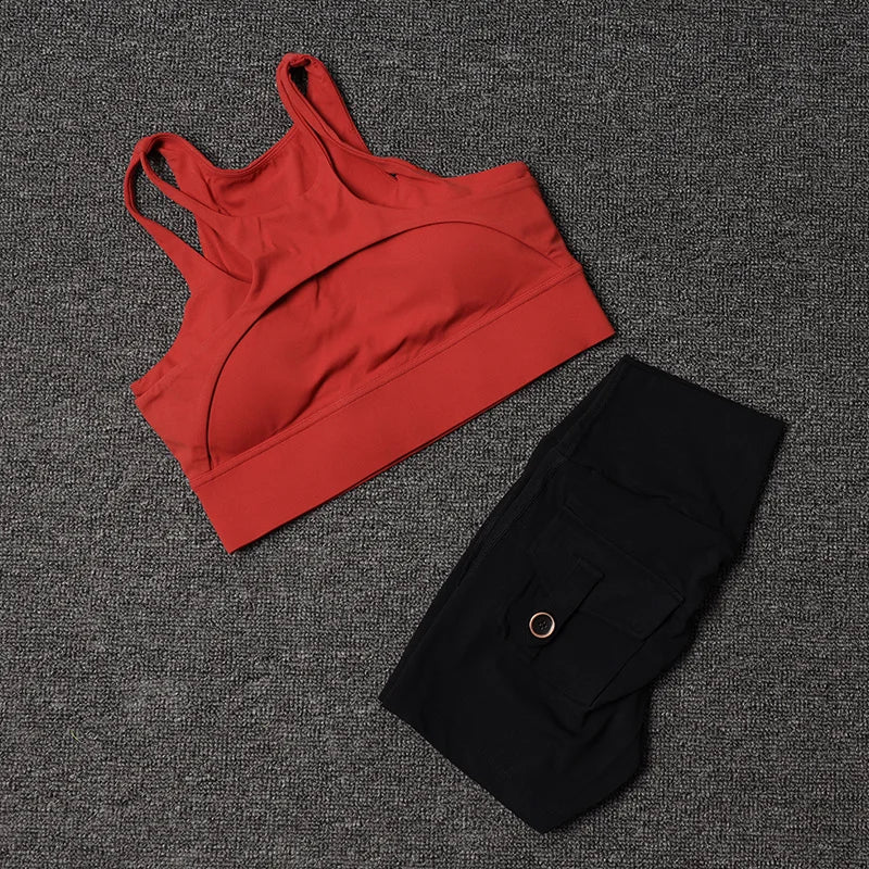Women's Fitness Shorts Yoga Sets - High Waist Sportswear Bra Workout-Gym Shorts With Pocket