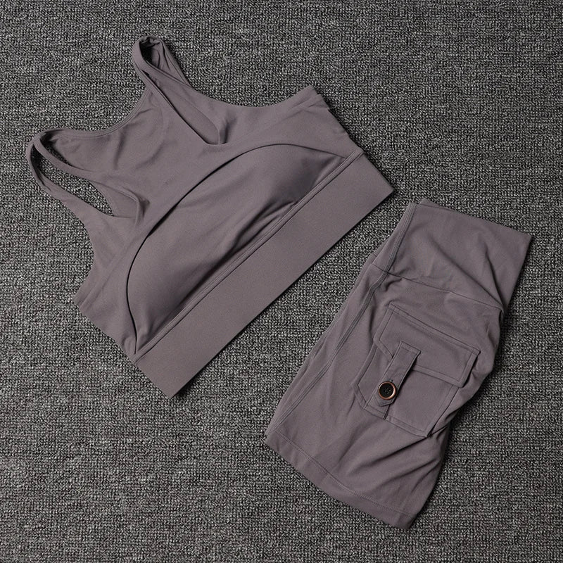 Women's Fitness Shorts Yoga Sets - High Waist Sportswear Bra Workout-Gym Shorts With Pocket