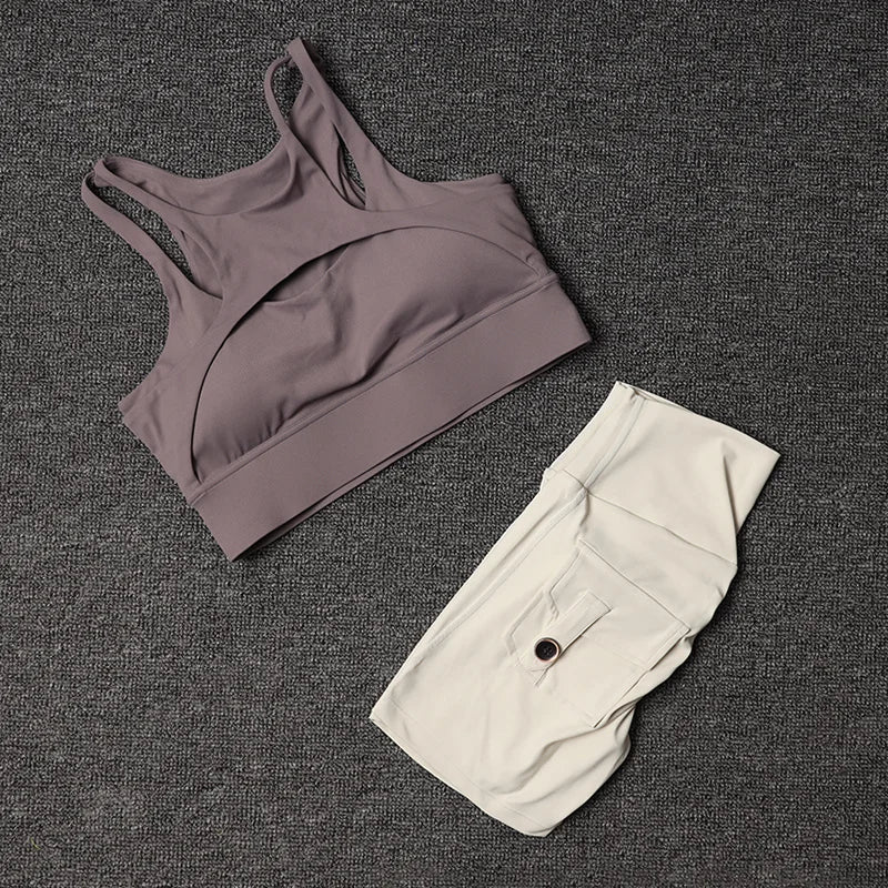 Women's Fitness Shorts Yoga Sets - High Waist Sportswear Bra Workout-Gym Shorts With Pocket