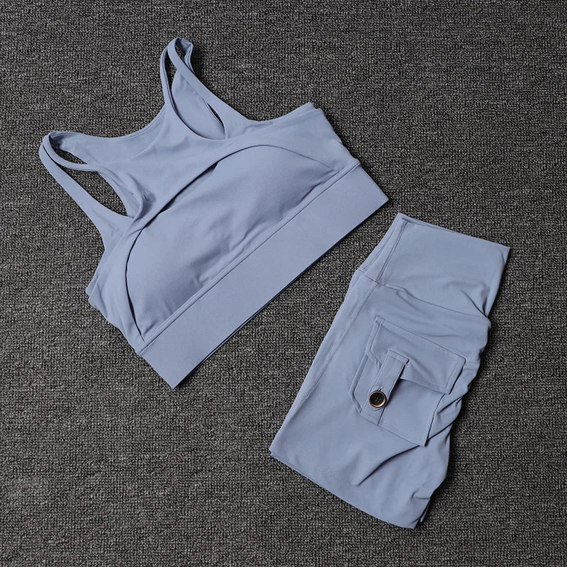 Women's Fitness Shorts Yoga Sets - High Waist Sportswear Bra Workout-Gym Shorts With Pocket