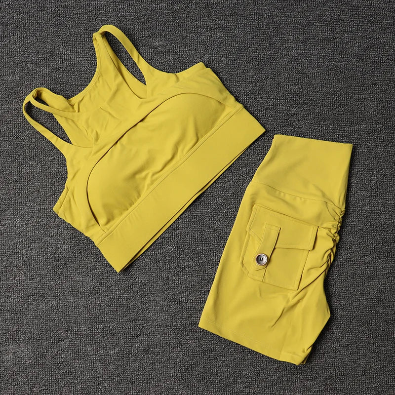 Women's Fitness Shorts Yoga Sets - High Waist Sportswear Bra Workout-Gym Shorts With Pocket