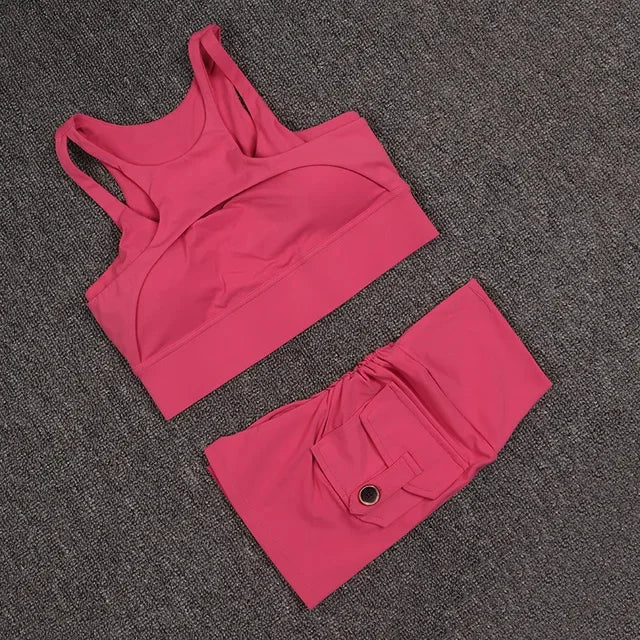Women's Fitness Shorts Yoga Sets - High Waist Sportswear Bra Workout-Gym Shorts With Pocket
