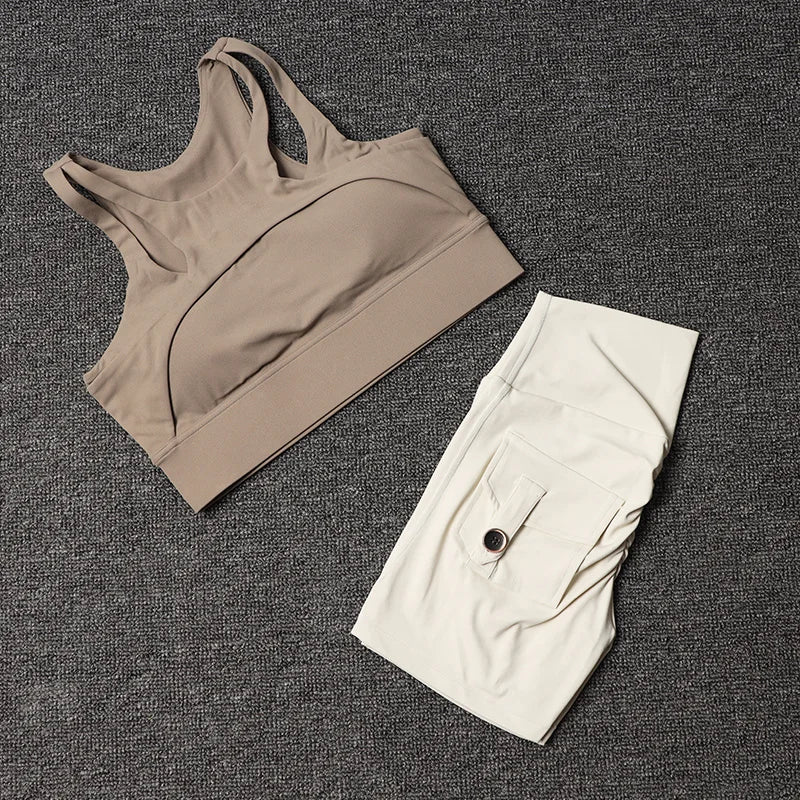 Women's Fitness Shorts Yoga Sets - High Waist Sportswear Bra Workout-Gym Shorts With Pocket