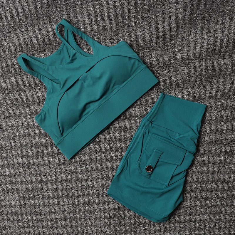 Women's Fitness Shorts Yoga Sets - High Waist Sportswear Bra Workout-Gym Shorts With Pocket